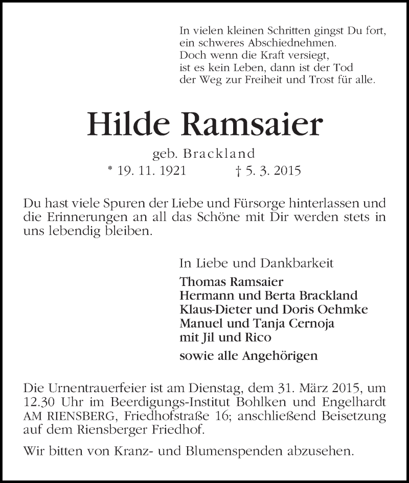 Traueranzeige von Hilde Ramsaier von WESER-KURIER