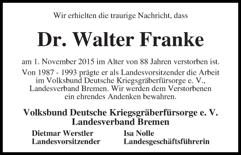 Traueranzeige von Walter Franke von WESER-KURIER