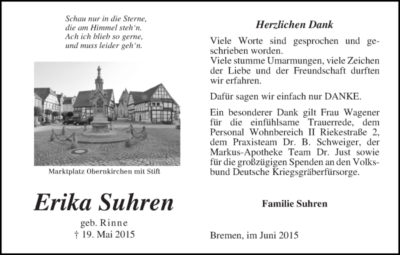 Traueranzeige von Erika Suhren von WESER-KURIER