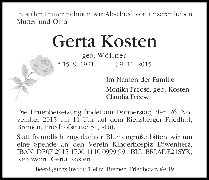 Traueranzeige von Gerta Kosten von WESER-KURIER