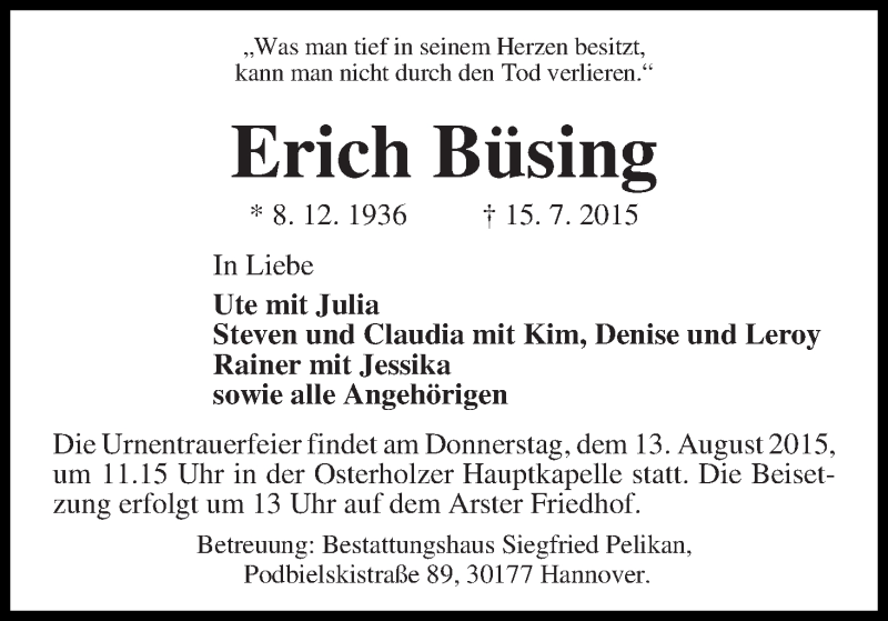 Traueranzeige von Erich Büsing von WESER-KURIER