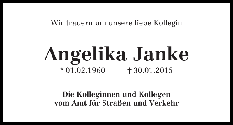 Traueranzeige von Angelika Janke von WESER-KURIER