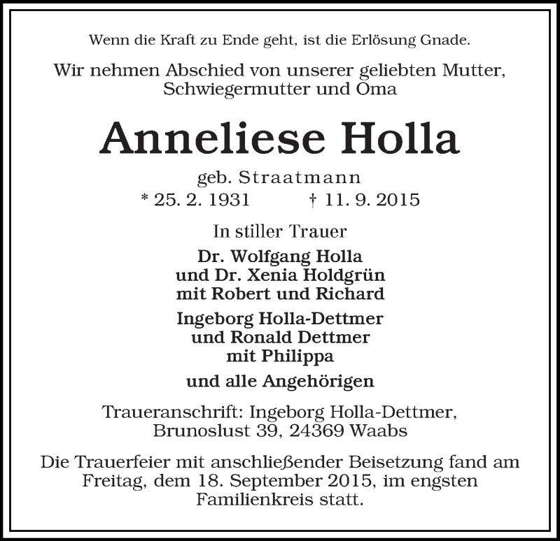 Traueranzeige von Anneliese Holla von WESER-KURIER