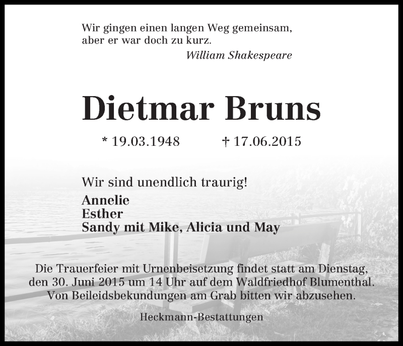 Traueranzeige von Dietmar Bruns von Die Norddeutsche