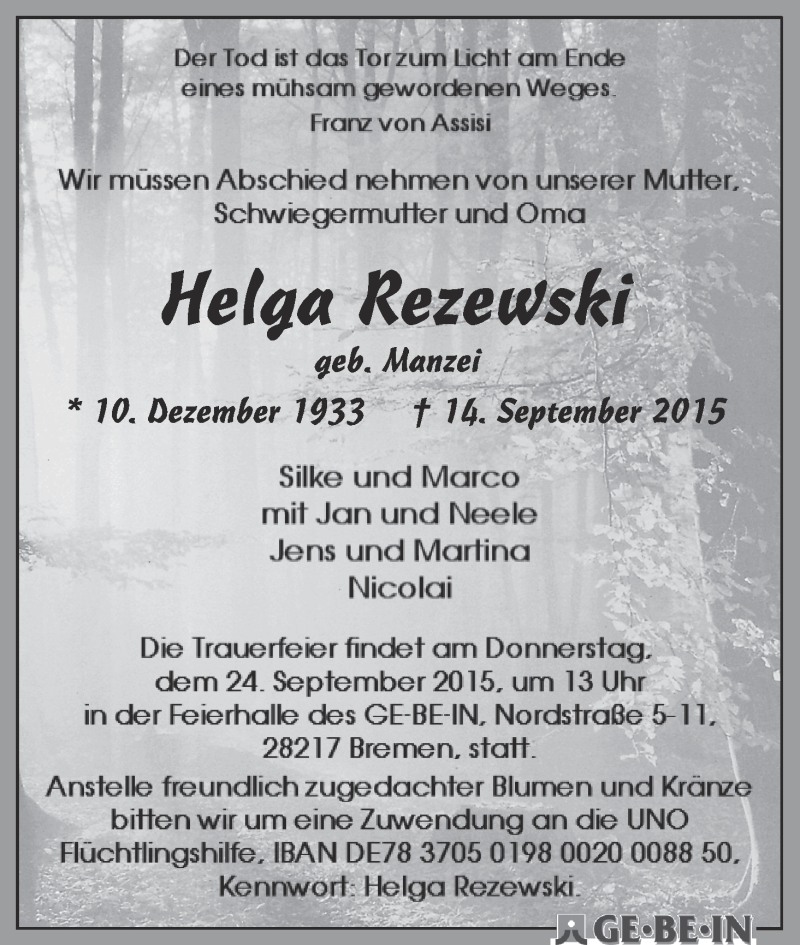 Traueranzeige von Helga Rezewski von WESER-KURIER