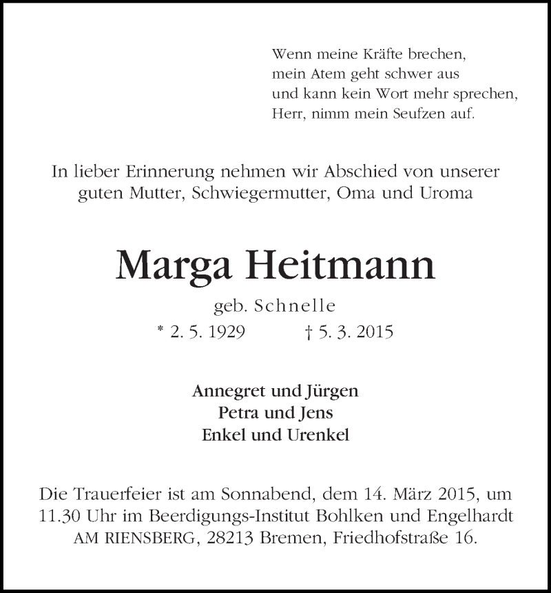 Traueranzeige von Marga Heitmann von WESER-KURIER