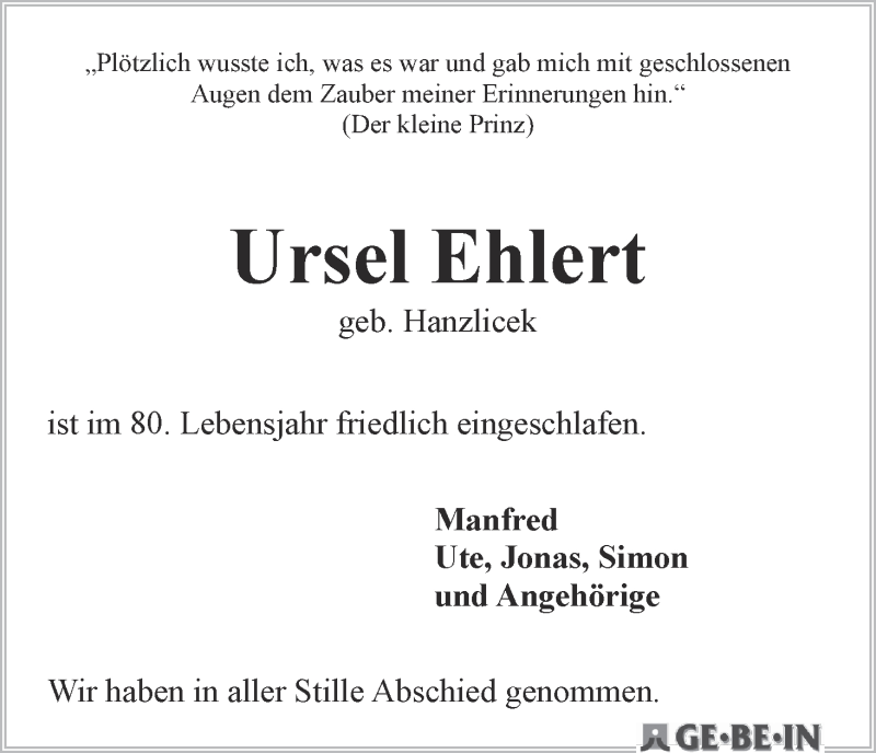 Traueranzeige von Ursel Ehlert von WESER-KURIER
