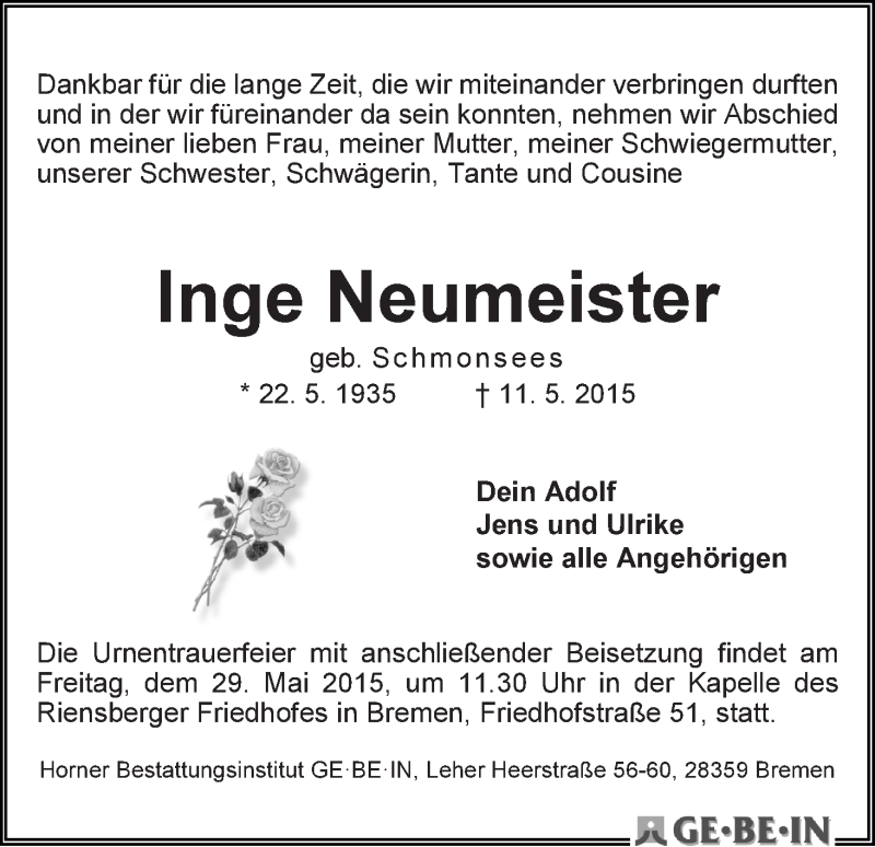 Traueranzeige von Inge Neumeister von WESER-KURIER