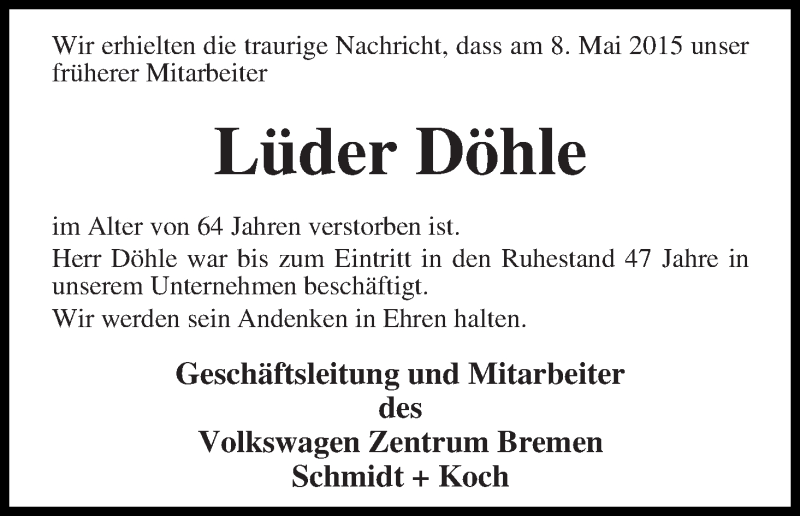 Traueranzeige von Lüder Döhle von WESER-KURIER