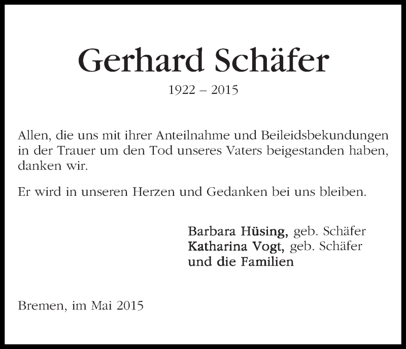 Traueranzeige von Gerhard Schäfer von WESER-KURIER