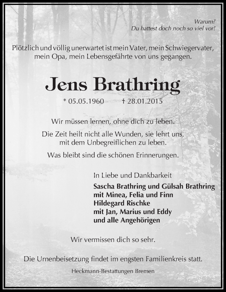 Traueranzeige von Jens Brathring von Die Norddeutsche