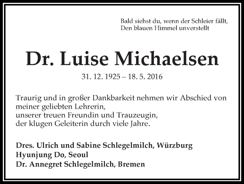 Traueranzeige von Luise Michaelsen von WESER-KURIER