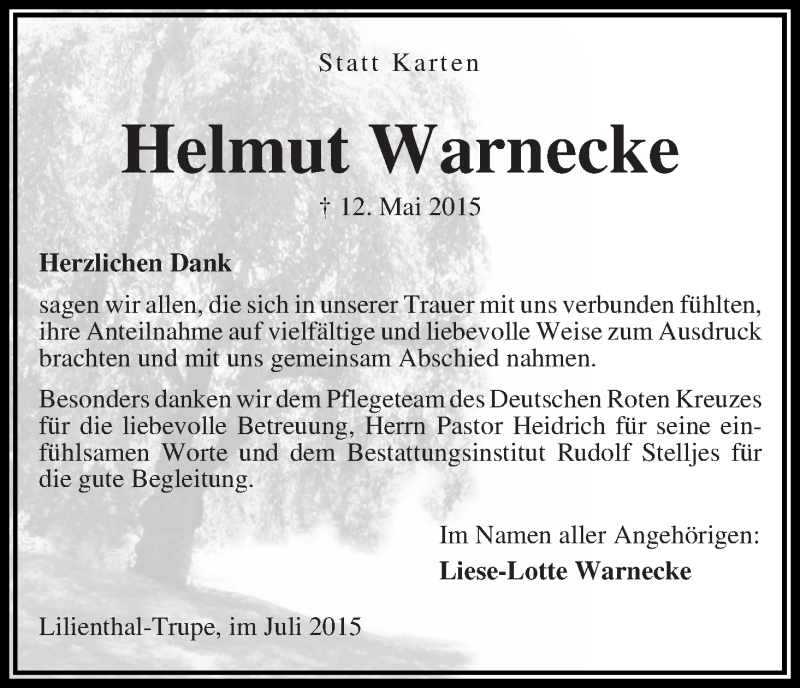 Traueranzeige von Helmut Warnecke von Wuemme Zeitung