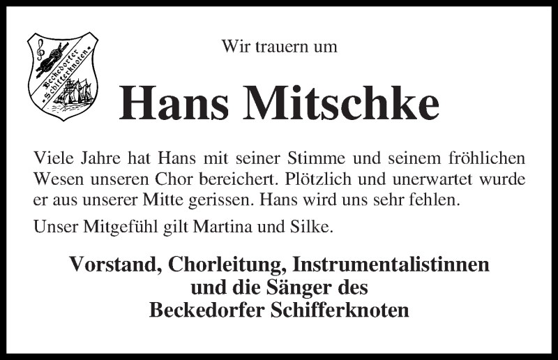 Traueranzeige von Hans Mitschke von Die Norddeutsche