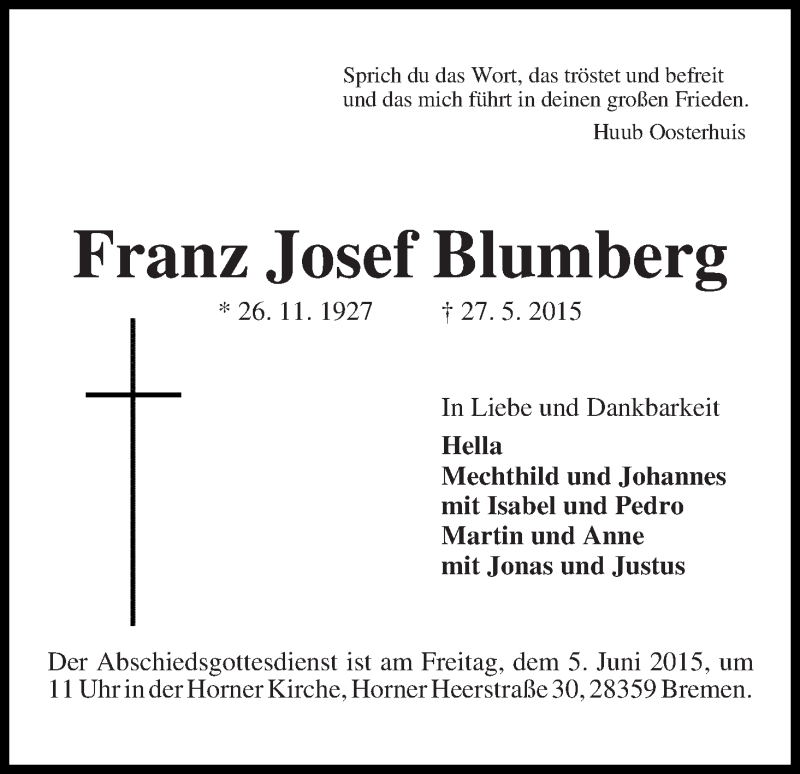 Traueranzeige von Franz Josef Blumberg von WESER-KURIER
