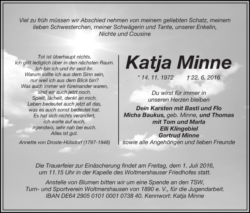 Traueranzeige von Katja Minne von WESER-KURIER
