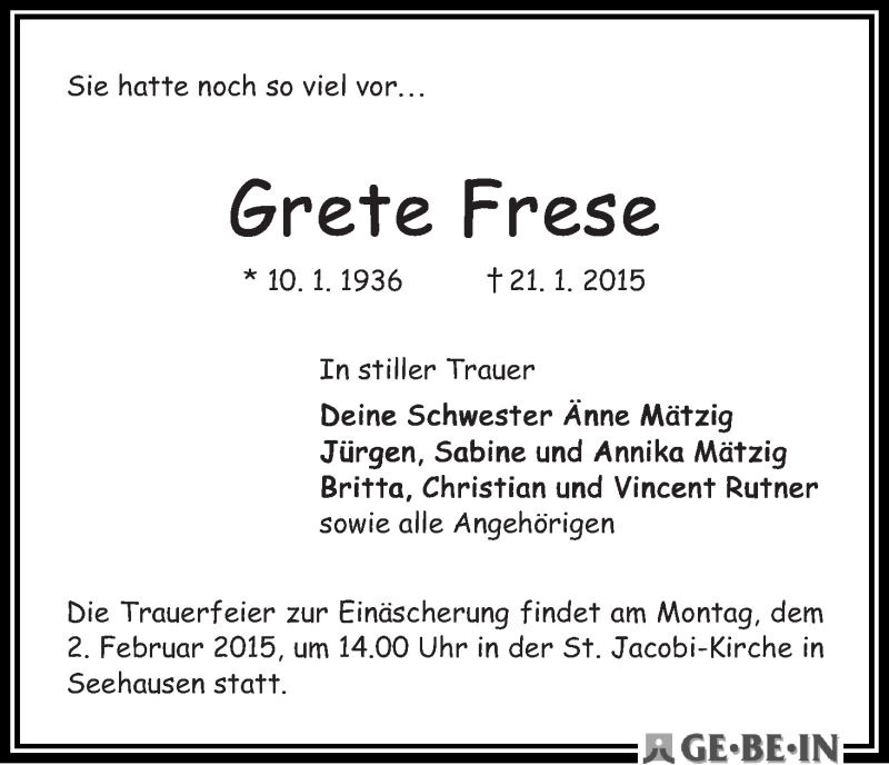 Traueranzeige von Grete Frese von WESER-KURIER