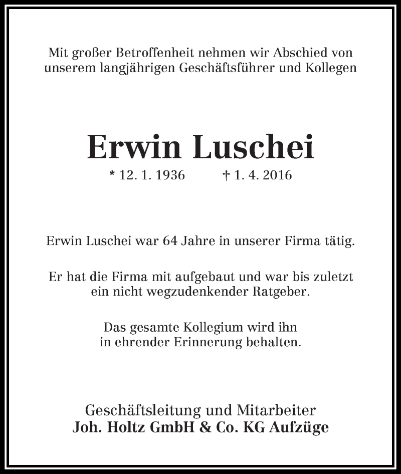 Traueranzeige von Erwin Luschei von WESER-KURIER