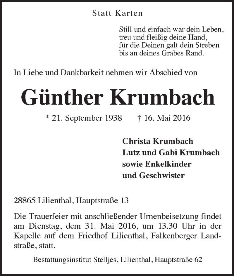Traueranzeige von Günther Krumbach von Wuemme Zeitung