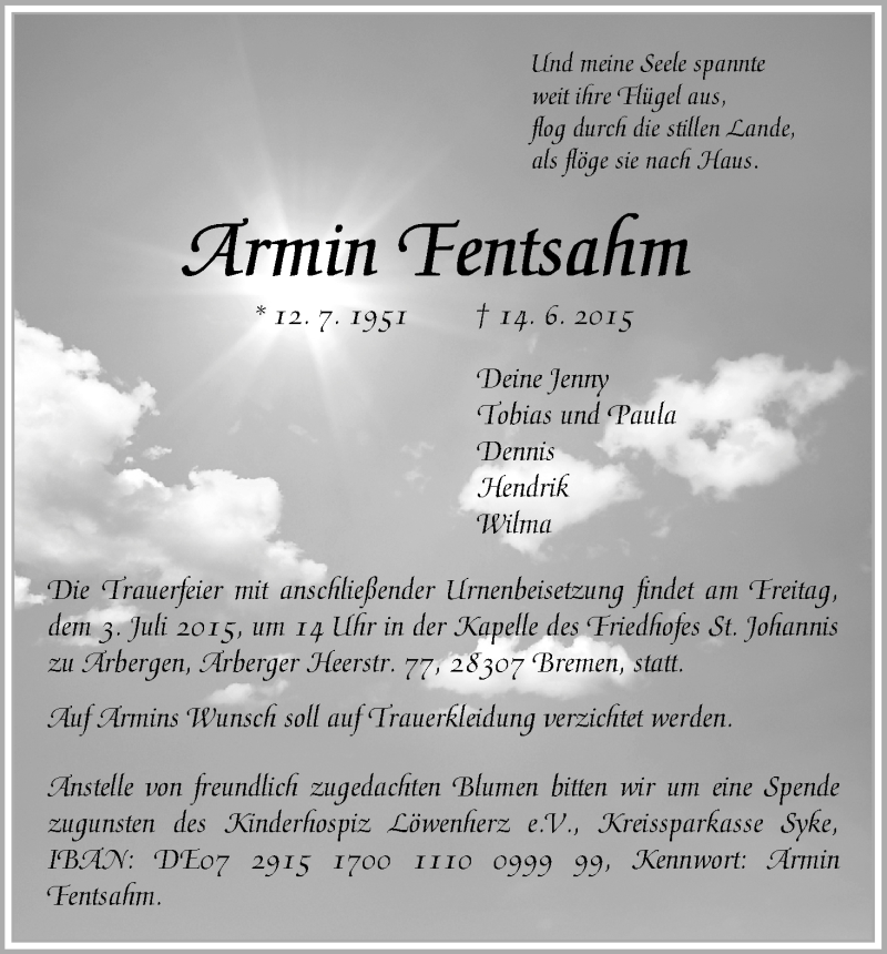 Traueranzeige von Armin Fentsahm von WESER-KURIER