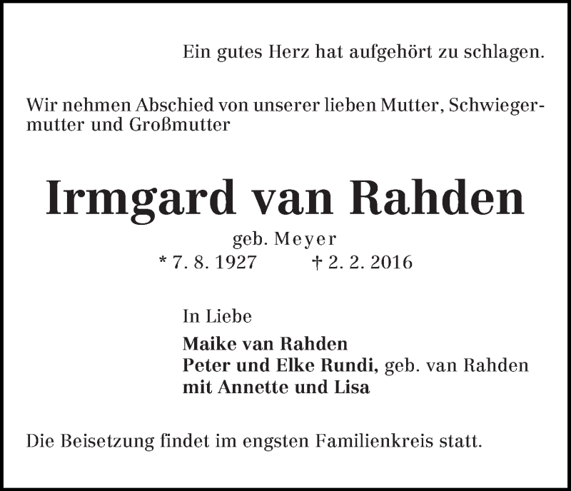 Traueranzeige von Irmgard van Rahden von WESER-KURIER