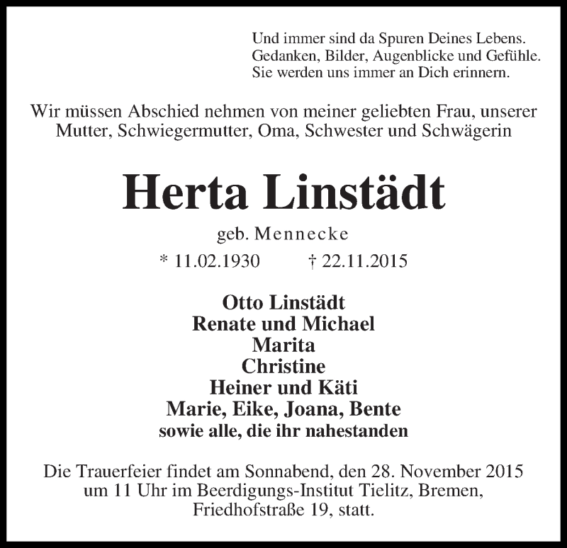 Traueranzeige von Herta Linstädt von WESER-KURIER
