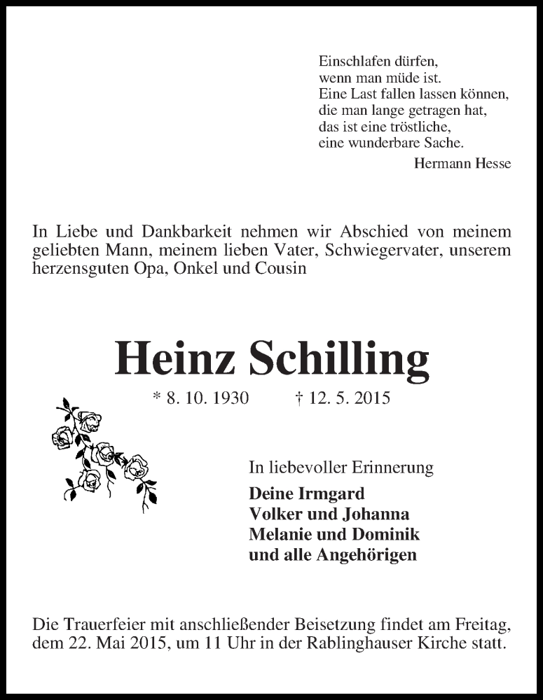 Traueranzeige von Heinz Schilling von WESER-KURIER