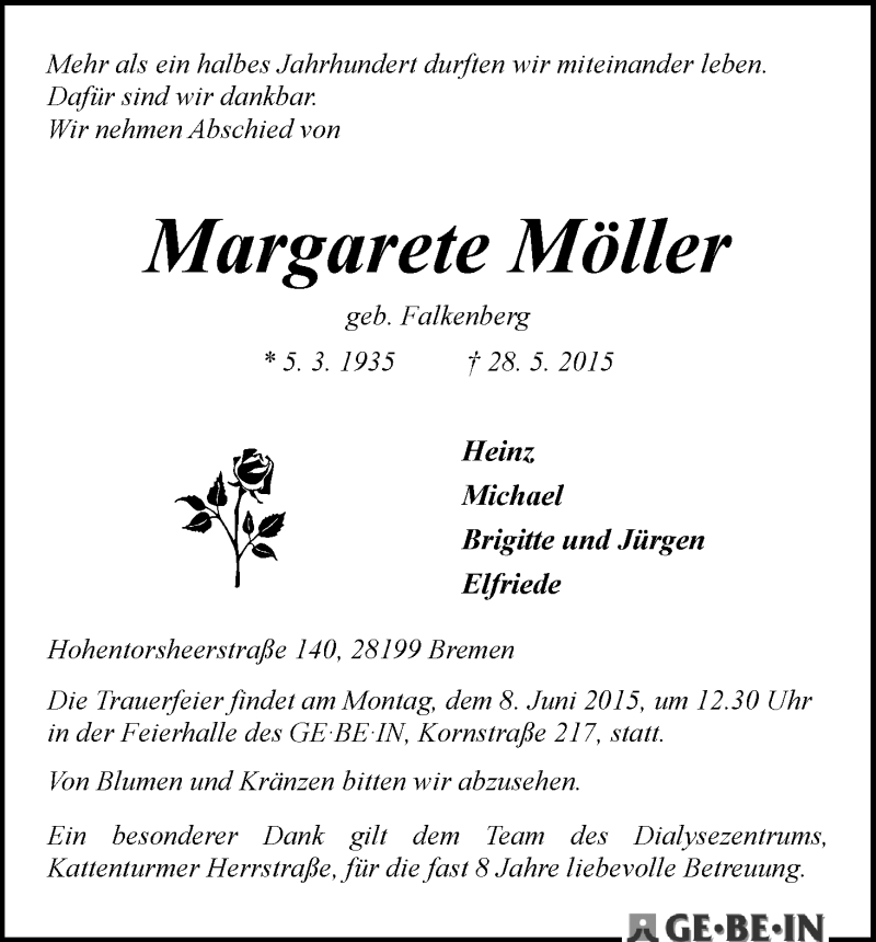 Traueranzeige von Margarete Möller von WESER-KURIER