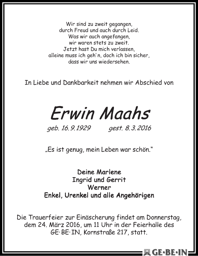 Traueranzeige von Erwin Maahs von WESER-KURIER