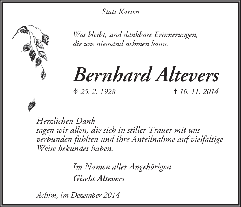 Traueranzeige von Bernhard Altevers von Achimer Kurier/Verdener Nachrichten