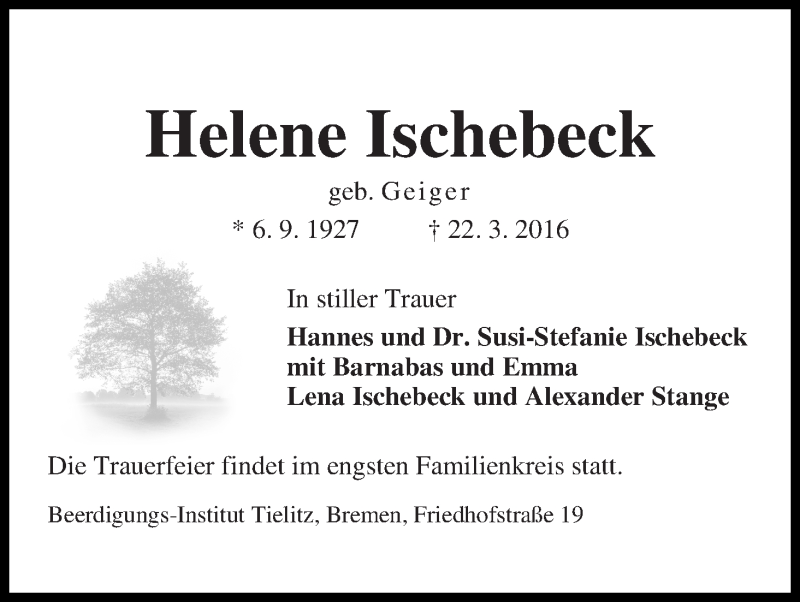 Traueranzeige von Helene Ischebeck von WESER-KURIER