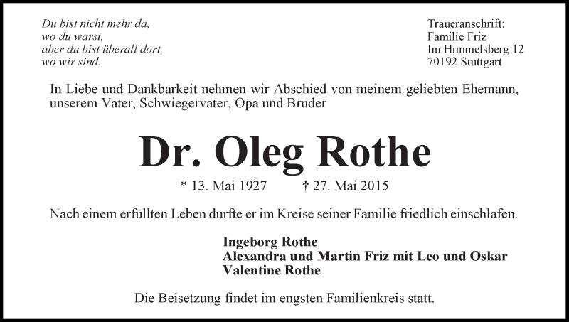 Traueranzeige von Oleg Rothe von WESER-KURIER