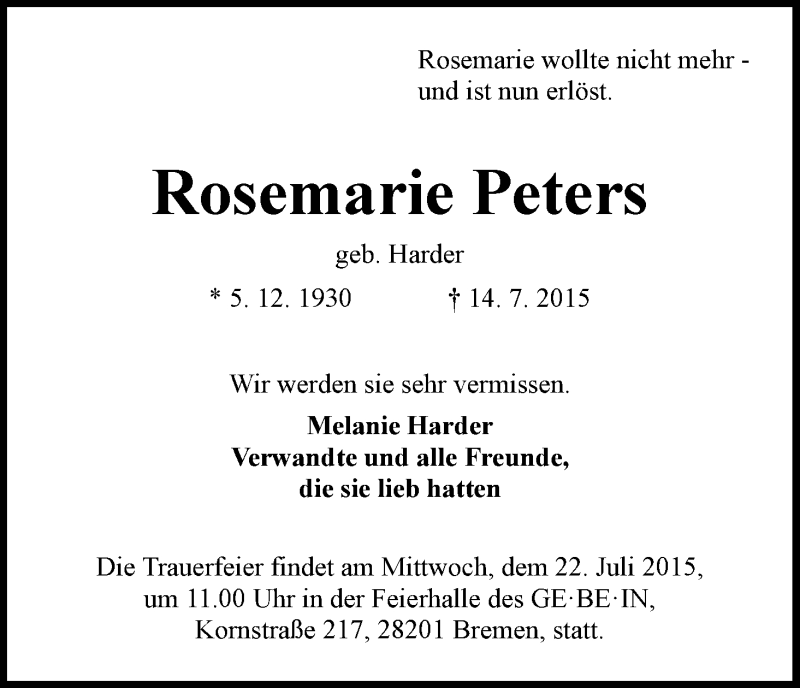 Traueranzeige von Rosemarie Peters von WESER-KURIER