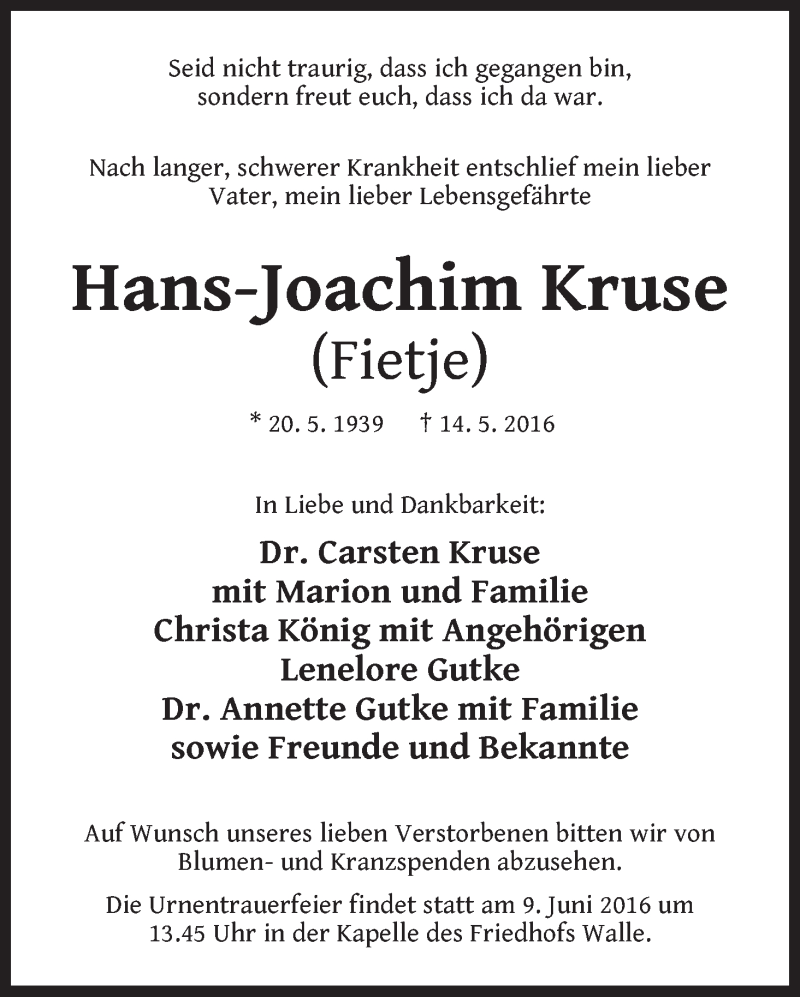 Traueranzeige von Hans-Joachim (Fietje) Kruse von WESER-KURIER