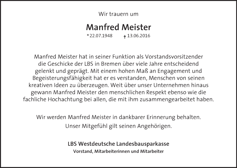 Traueranzeige von Manfred Meister von WESER-KURIER