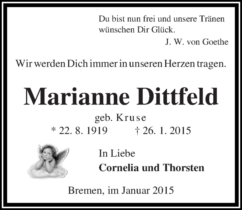 Traueranzeige von Marianne Dittfeld von WESER-KURIER