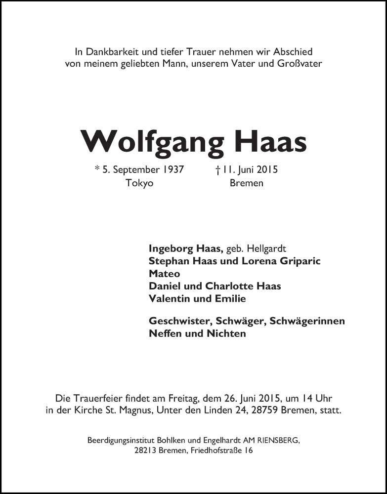 Traueranzeige von Wolfgang Haas von WESER-KURIER