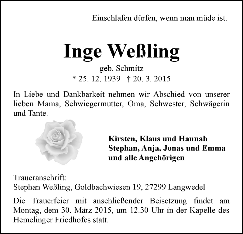 Traueranzeige von Inge Weßling von WESER-KURIER
