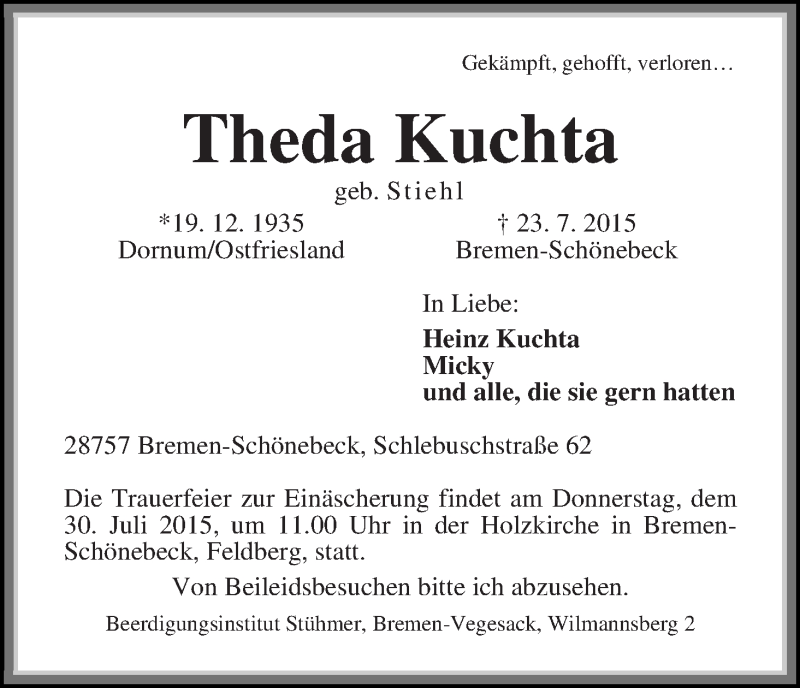 Traueranzeige von Theda Kuchta von Die Norddeutsche