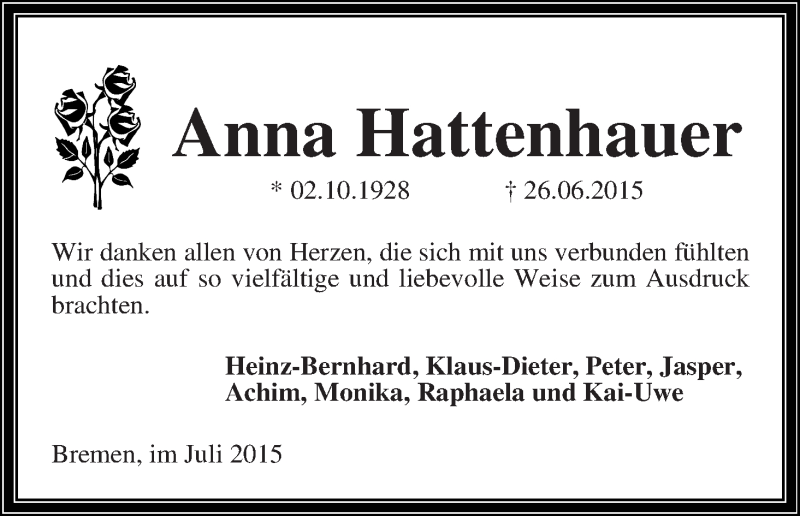 Traueranzeige von Anna Hattenhauer von WESER-KURIER