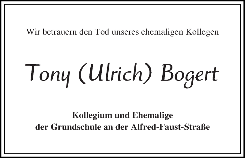 Traueranzeige von Tony (Ulrich) Bogert von WESER-KURIER