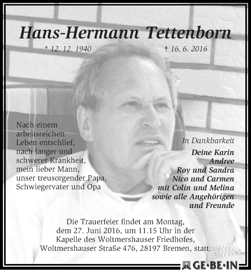 Traueranzeige von Hans-Hermann Tettenborn von WESER-KURIER