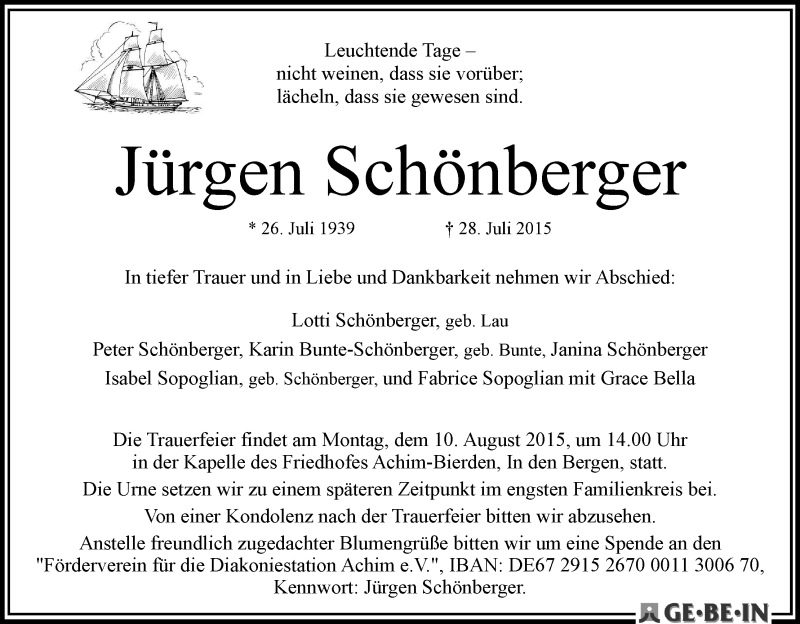 Traueranzeige von Jürgen Schönberger von WESER-KURIER