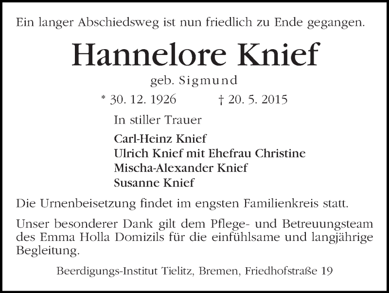 Traueranzeige von Hannelore Knief von WESER-KURIER