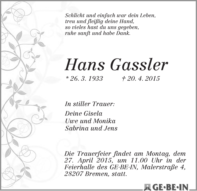 Traueranzeige von Hans Gassler von WESER-KURIER