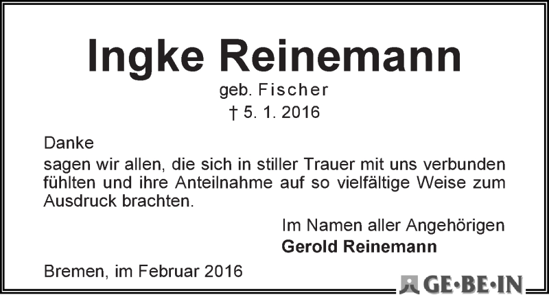 Traueranzeige von Ingke Reinemann von WESER-KURIER