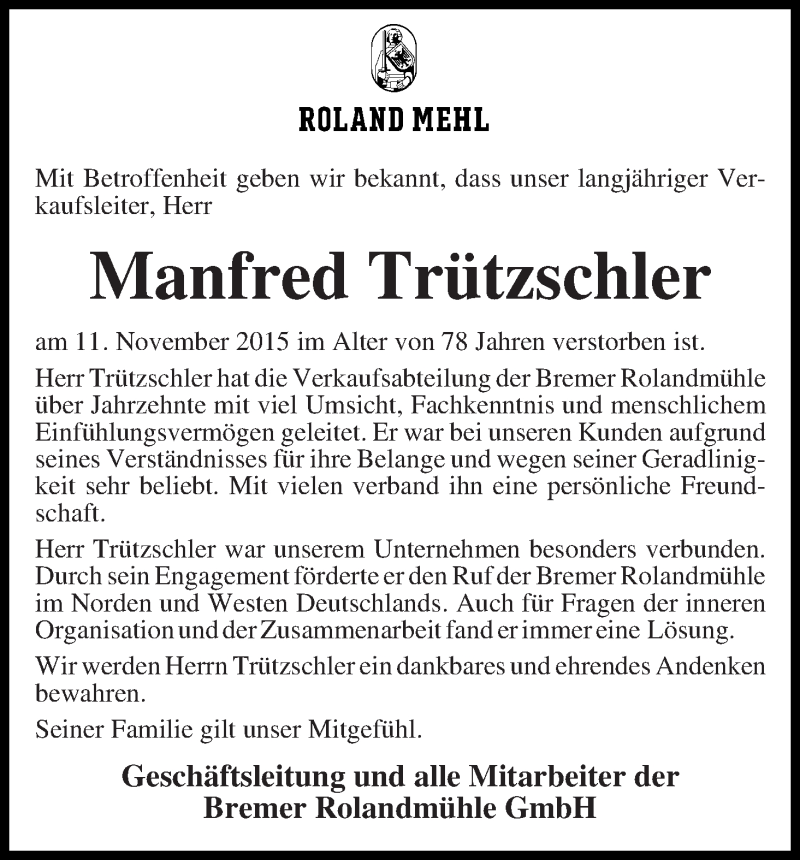 Traueranzeige von Manfred Trützschler von WESER-KURIER