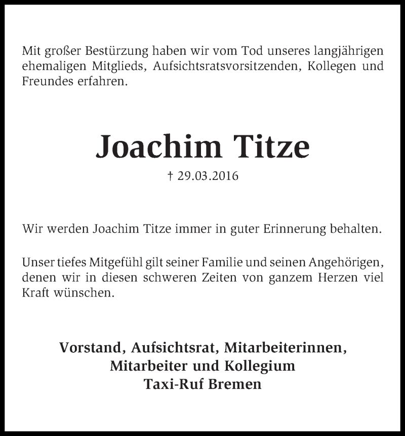 Traueranzeige von Joachim Titze von WESER-KURIER
