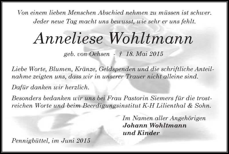 Traueranzeige von Anneliese Wohltmann von Osterholzer Kreisblatt