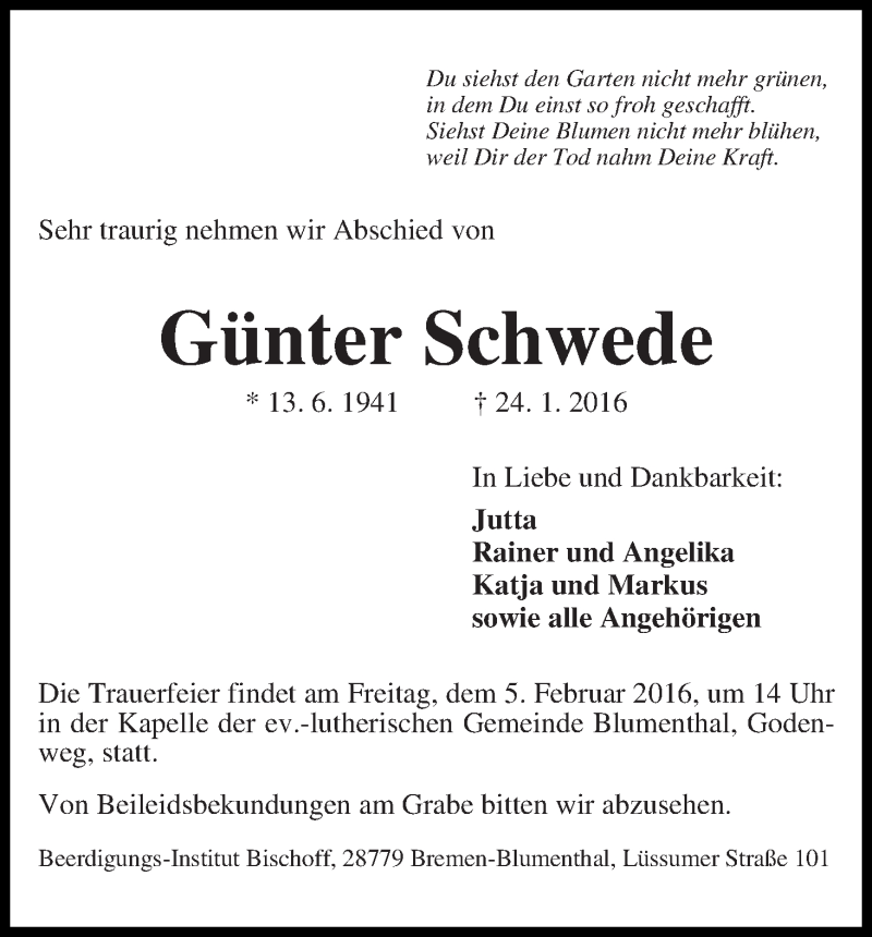 Traueranzeige von Günter Schwede von Die Norddeutsche